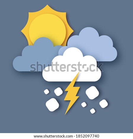 Hail storm. Sun, Rain Clouds and Lightening Bolt. Paper cut weather. Storm time.