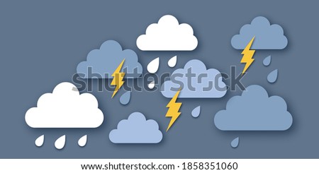 Rain Clouds and Lightening Bolt. Paper cut weather. Storm time. Rain drops and thunder.