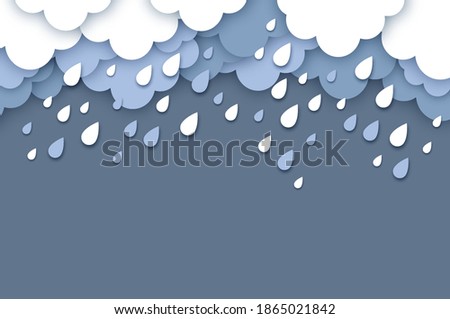 Sky with rainy clouds, sun and rain drops. Paper cut Weather.