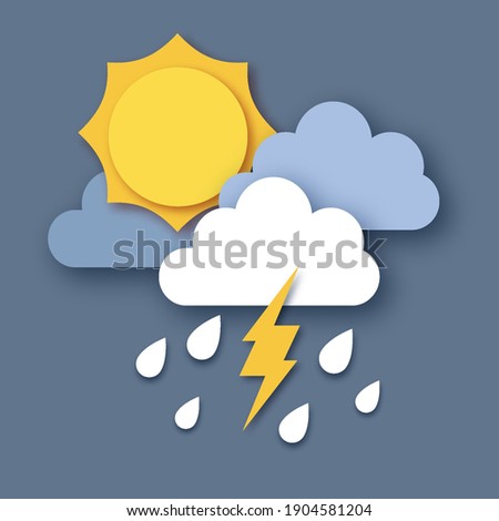 Sun with Raincloud and Lightening Bolt. Paper cut Weather. Storm time. Rain drops in the dark sky and thunder.