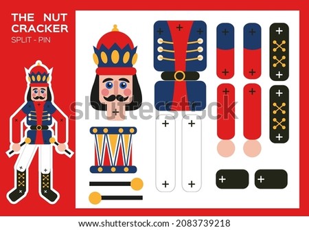 Nutcracker Split-Pin Paper Cut Game. Christmas craft activity for kids. Enjoy fine motor skills. New Year making puppet shows and poses. DIY Soldier. Worksheets for kids.