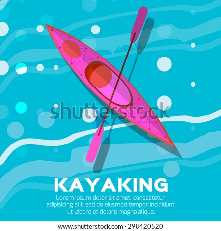 Kayak and paddle. Vector illustration of Outdoor activities elements - kayak and rowing oar. Pink kayak isolated, sea kayak