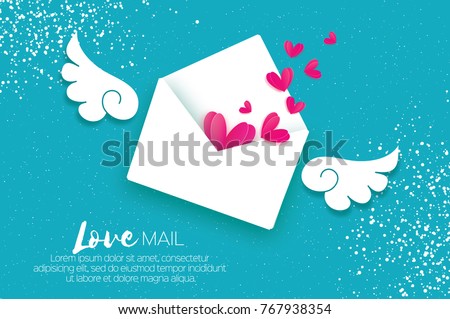 Greeting card for Valentine's day. Mail Love and envelope in paper cut style. Origami Pink Heart. Angel wings. Email. Be my valentine. 14 february. Message. Romantic card on sky blue. White day.