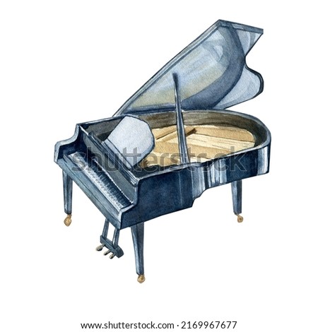 Grand piano musical instrument watercolor illustration on white background.