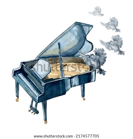 Grand piano with bird shadows watercolor illustration on white background.