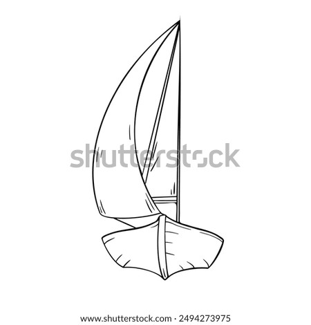 Sailing boat black and white vector illustration isolated. Sailing ship hand drawn ink silhouette. Yacht contour. Sea transport coloring. Simple cartoon drawing boat outline. Marine design