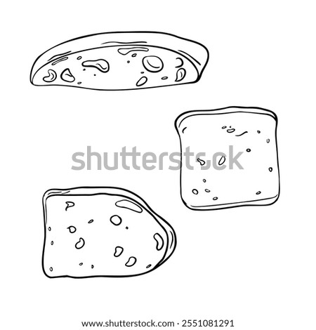 Three bread slices: ciabatta, rustic country bread, and classic toast bread black white vector illustration isolated. Pieces of various bread linear art for bakery, food, or culinary-themed designs