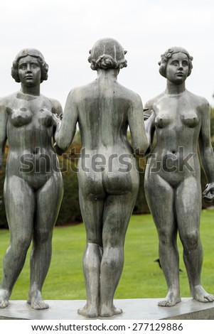 PARIS, FRANCE - SEPTEMBER 9, 2014: Paris -  Bronze sculpture The Three Nymphs  by Aristide Maillol in Tuileries garden