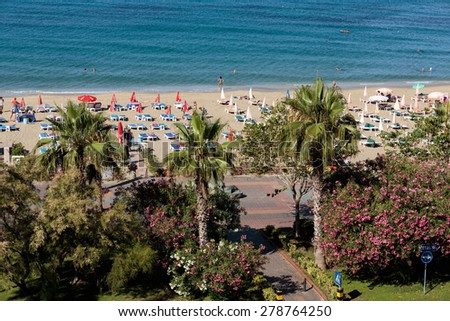 ALANYA, TURKEY - JUNE 24, 2014: Alanya - the beach of Cleopatra .  Alanya is one of most popular seaside resorts in Turkey