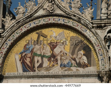 Venice - The basilica St Mark\'s. Mosaic from upper facade .  \'Descent into Limbo\' Mosaic