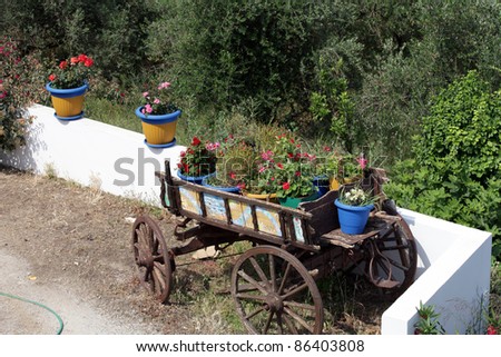 White stairs decorated with red flowers in blue pots Zia Island of Kos Greece