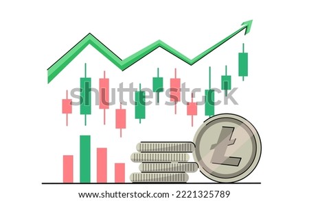 Litecoin coin Growth trend crypto Bullish wave in the cryptocurrency market. price rise, bull market. good growth trend. Green arrow and coin with logo LTC. vector isolated on white