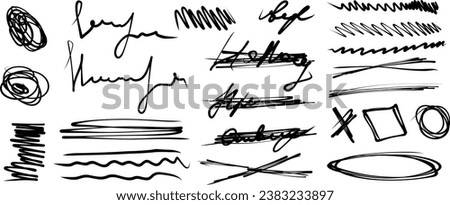 vector hatching, strikethrough hand drawn children's doodle. illegible handwriting large set