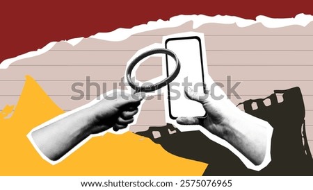 A hand holds a magnifying glass while another hand grips a smartphone, symbolizing the blend of traditional and modern methods in analysis. horizontal halftone collage
