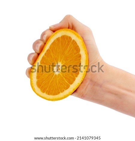 Image, Stock Photo Woman showing half orange over bowl