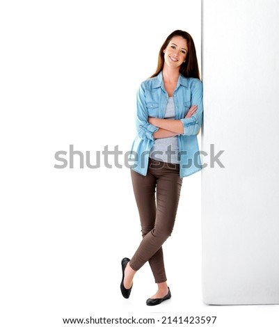 Similar – Image, Stock Photo Young woman stands leaning against a bale of straw in the field and smiles