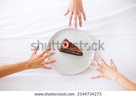 Similar – Image, Stock Photo Grabbing slice of cake. Raspberry pie with lattice top