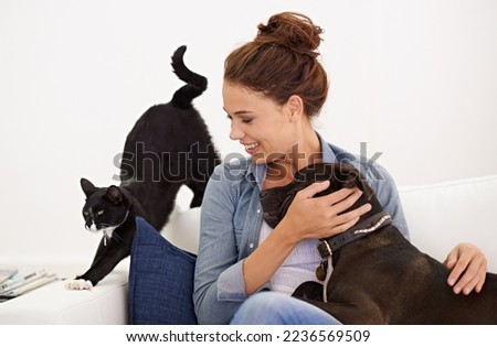 Image, Stock Photo caucasian woman and dog in park in springtime at sunset. Love and friendship concept. pets outdoors