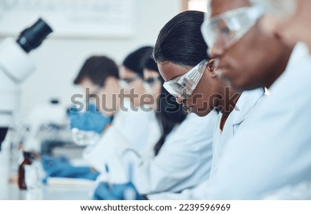 Study, research and scientist team in a lab for medical, innovation and drug analysis, health and medicine. Science, healthcare and doctors in room for clinical, drug and trial planning in laboratory ストックフォト © 