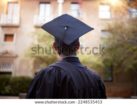 Thinking graduate, man or vision on university campus, college event or school graduation ceremony and future goals. Graduation cap, robe or student with education, learning or employment opportunity Сток-фото © 