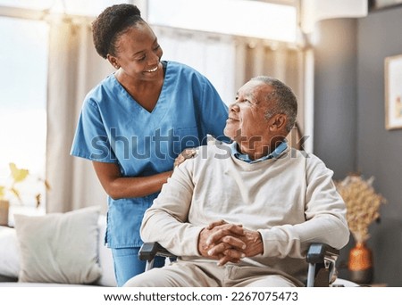 Help, support and wheelchair with nurse and old man for disability, rehabilitation or healing. Retirement, physiotherapy and healthcare with patient and black woman nursing home for medical caregiver 商業照片 © 