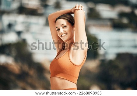 Similar – Image, Stock Photo Young woman stretching arms before working out on street