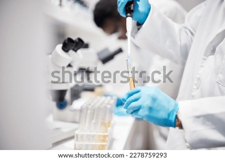 Hands, science and tube for research in laboratory with liquid, medicine or pharma product with gloves. Innovation, medical scientist and chemistry lab for study and future pharmaceutical trial ストックフォト © 