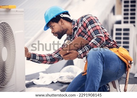 Technician, clipboard or air conditioning inspection on rooftop for safety, power or maintenance. Electrician, black man or paperwork on hvac system, ac repair or quality assurance for sustainability Stock photo © 