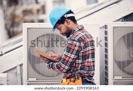 Technician, checklist and air conditioning inspection on roof for safety, power and maintenance. Engineer, black man and paperwork for hvac system, ac repair or quality assurance for sustainability Stock photo © 