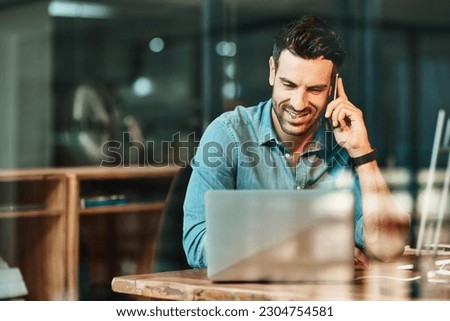 Similar – Image, Stock Photo Man talking on smartphone while browsing laptop