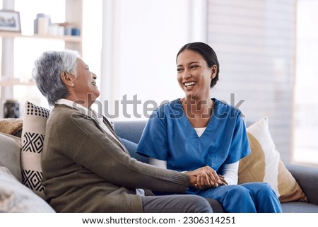 Image, Stock Photo Home caregiver helping senior woman with medication