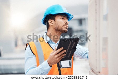 Tablet, engineering and man with air conditioning on roof for repair, maintenance and inspection. Solar power, construction and male worker on digital tech online for service, check and electricity Stock photo © 