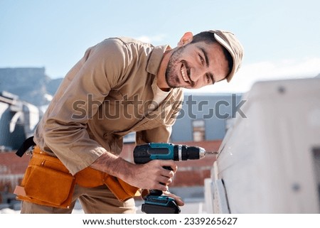 Engineer man, roof and portrait for air conditioning maintenance, smile or building in city for construction job. AC repair, hvac tech and happy technician with drill, tools or industry in Cape Town Stock photo © 
