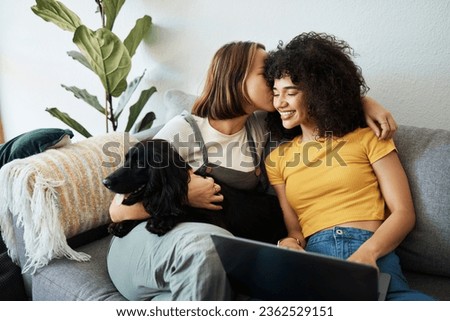 Similar – Image, Stock Photo Romantic Gay couple working together at home with their laptops.