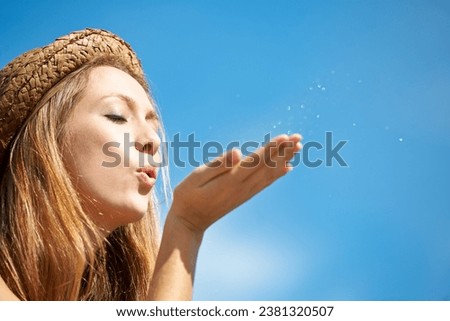 Similar – Image, Stock Photo Stylish woman blowing party whistle