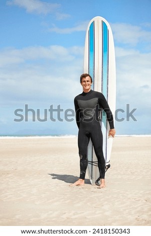 Image, Stock Photo Man in wetsuit on paddleboard in sea