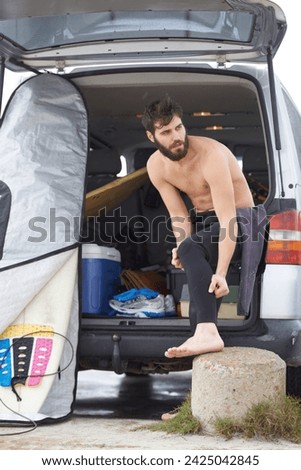 Similar – Image, Stock Photo Man in wetsuit on paddleboard in sea