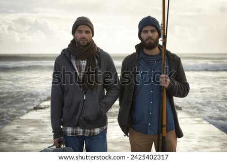 Similar – Image, Stock Photo two fishermen in a boat with reflection in a still river water at twilight on autumn landscape.