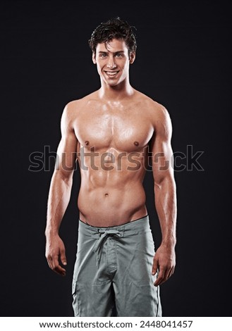 Similar – Image, Stock Photo shirtless caucasian young man wearing turquoise shorts in a park in summer