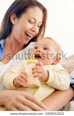 Image, Stock Photo Mother feeding Son with yoghurt at home