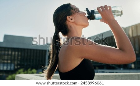 Similar – Image, Stock Photo Traveling woman drinking water from river