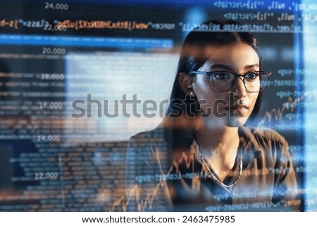 Image, Stock Photo focused woman with dark hair messaging on cellphone while being near desktop computer in office in Paris