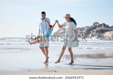 Similar – Image, Stock Photo Father and mother swinging their baby sitting on the green grass in the park. Infant is laughing happy.