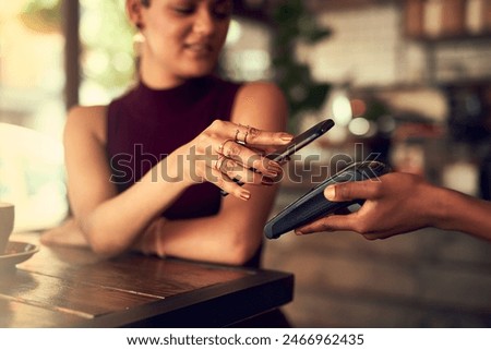 Image, Stock Photo Woman paying with mobile a take away order