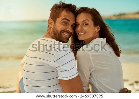 Similar – Image, Stock Photo Loving young couple in wedding outfits embracing on bridge