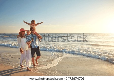 Similar – Image, Stock Photo Happy family on a camping trip relaxing in the autumn forest. Camper trailer. Fall season outdoors trip