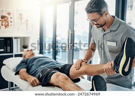 Similar – Image, Stock Photo Physiotherapist stretching leg of patient in medical room