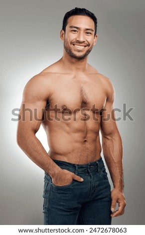 Similar – Image, Stock Photo Young man shirtless on the beach, clear background, liberty confidence concepts, holiday, beard and long hair