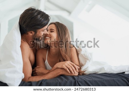 Similar – Image, Stock Photo Loving man and woman supporting each other while standing back to back