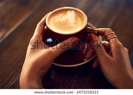 Image, Stock Photo Woman drinking coffee and on the mobile phone in airport